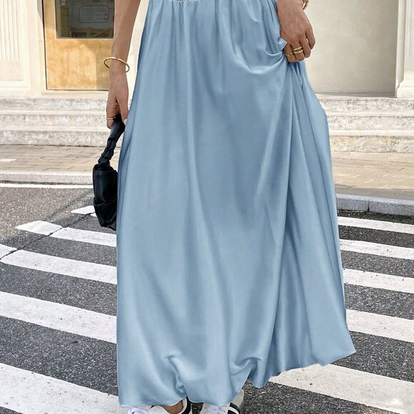 Dusty Blue Casual Women's Long Low Waist Flowy Elegant Skirt - Picture 11 of 11